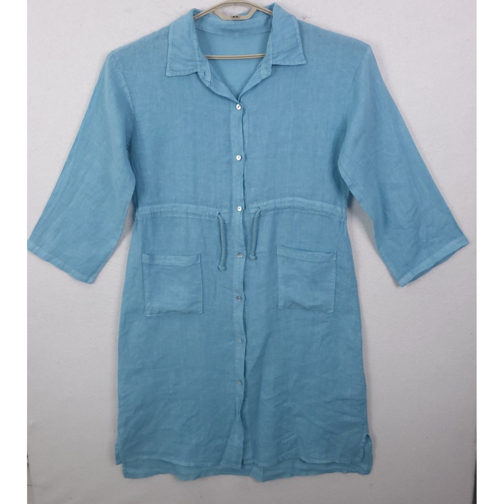 Milio Milano Blue 100% Italian Linen Shirt Shift Dress Small Lagenlook Oversized